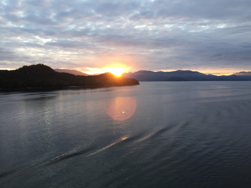 Sunset over the Inland Passage to Alaska from our room's balcony.