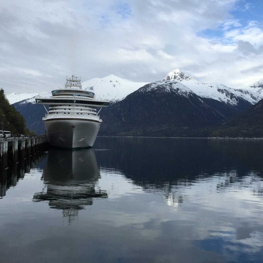 The Ruby Prince ship in Skagway, Alaska. The ship is about 950 feet long, 19 stories high, has more than 3000 passengers and 1100 crew members!