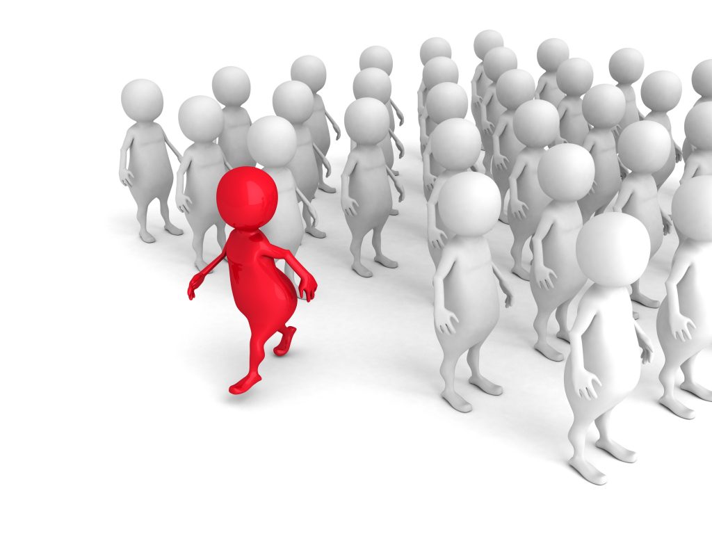 Red 3d Person Out From Crowd. Individuality Leadership Concept