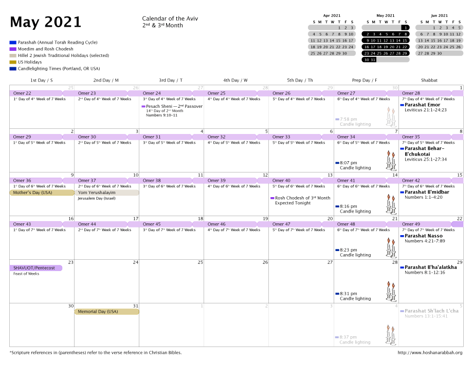 Messianic Aviv Calendar for May 2021 showing the dates for Shavuot - Passover - Feast of Weeks